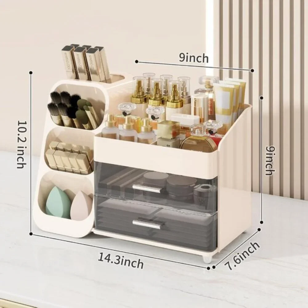 New Large Makeup Organizer, Cream Vanity Storage with Drawers & Brush Holder